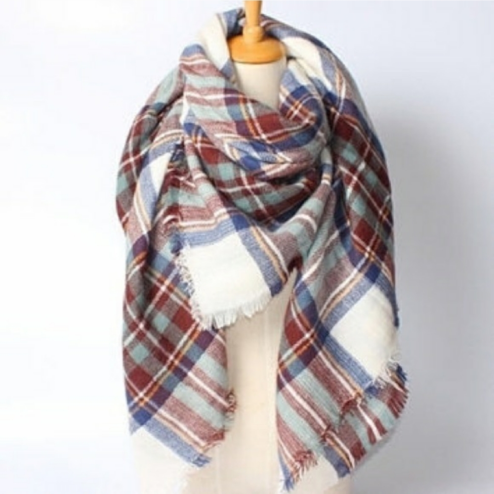 Oversized Plaid Blanket Scarf Square Fringe Cream Brown Green Blue 58x58 Wrap - Picture 1 of 10
